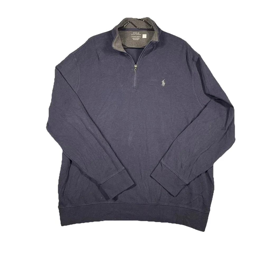 POLO by Ralph Lauren Men's Luxury Jersey Cotton 1/4 Zip Pullover XL Navy/Grey